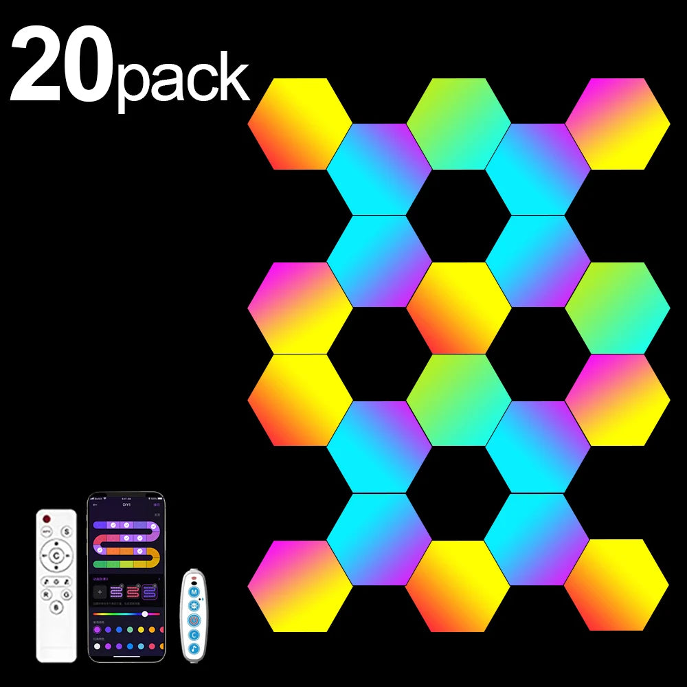 Panneaux LED hexagonaux RGB assemblés en forme libre sur mur