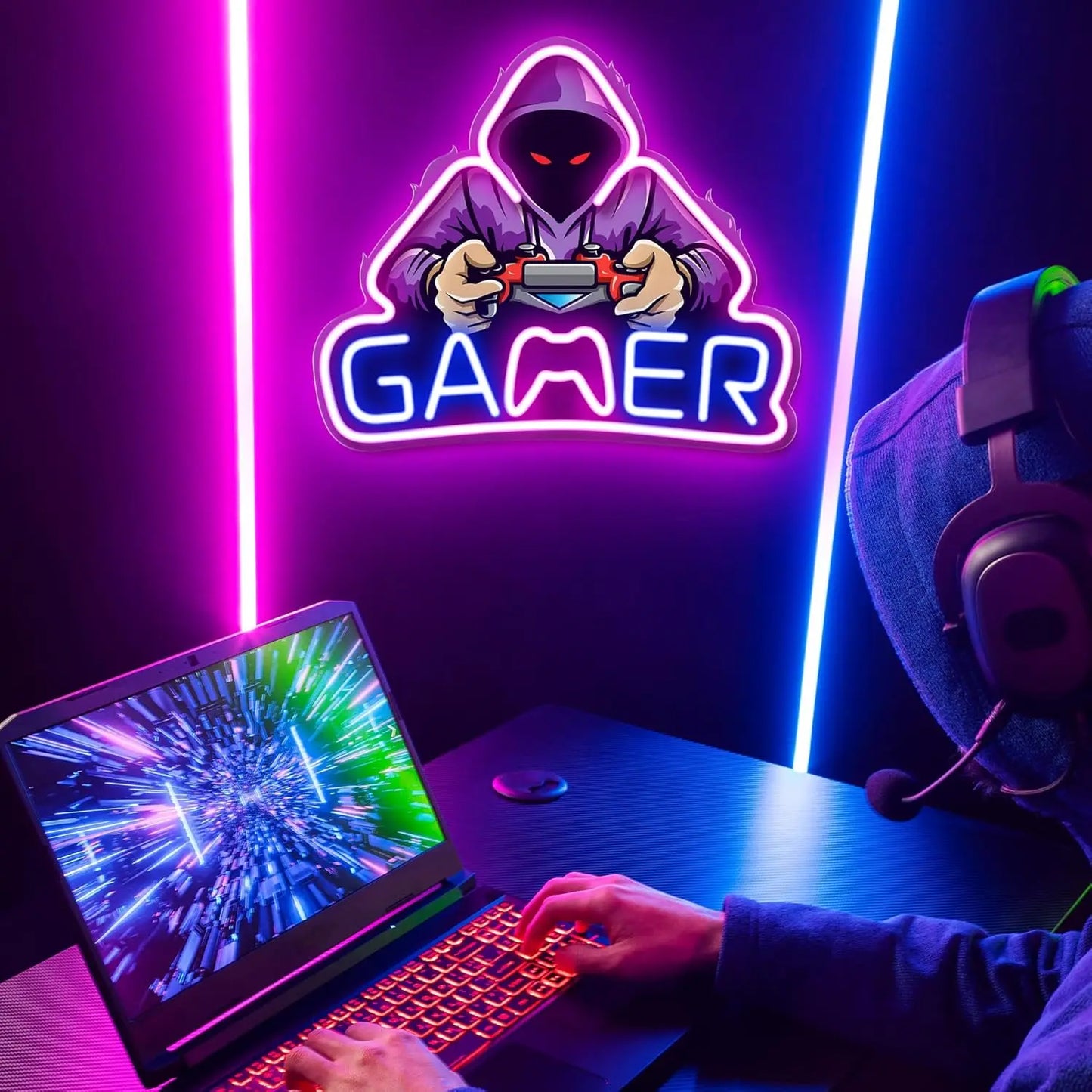 Néon LED manette gaming installé au mur, chambre gamer
