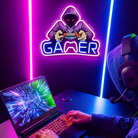 Néon LED manette gaming installé au mur, chambre gamer
