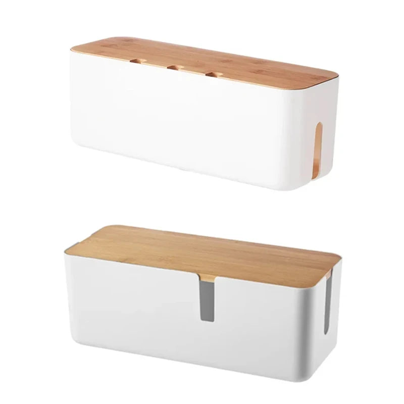 Boîte range-câbles bambou avec câbles et multiprise à l'intérieur