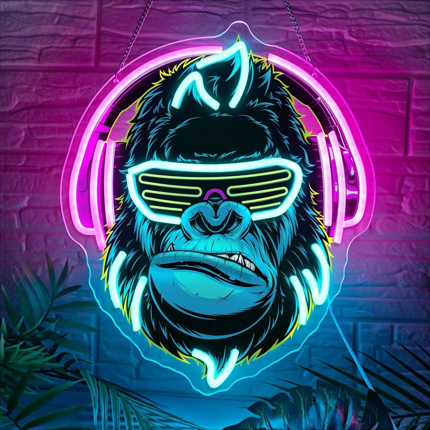 Néon LED gorille gamer avec casque et lunettes néon