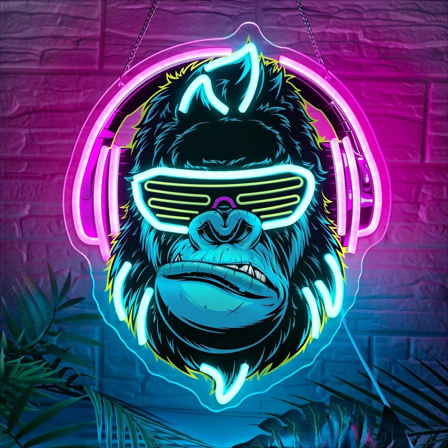 Néon LED gorille gamer avec casque et lunettes néon