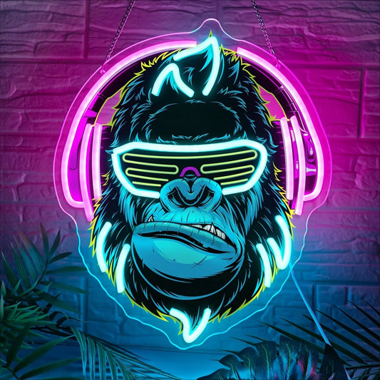Néon LED gorille gamer avec casque et lunettes néon