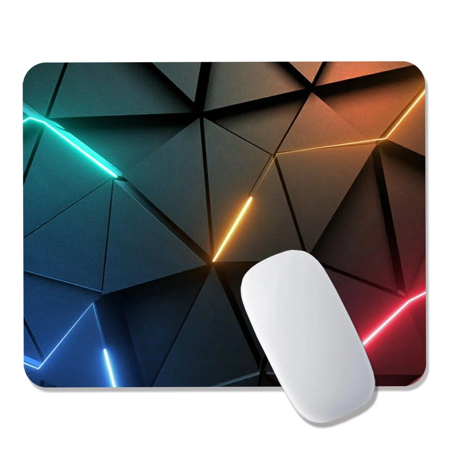 Tapis de souris XL motif géométrique néon, installé sur bureau gaming