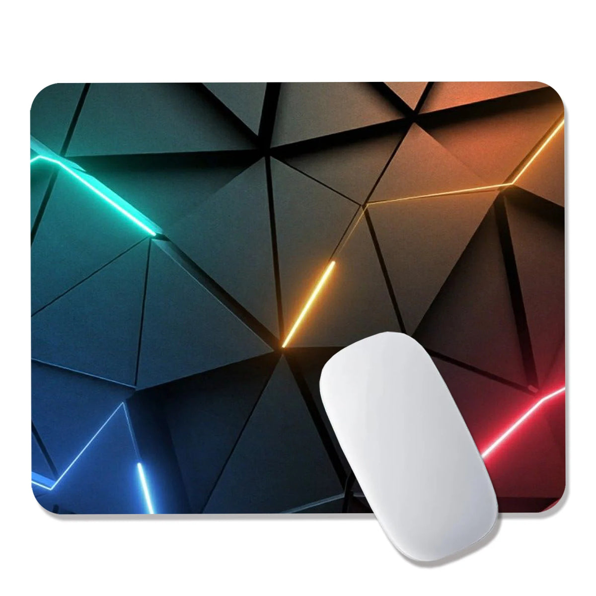 Tapis de souris XL motif géométrique néon, installé sur bureau gaming