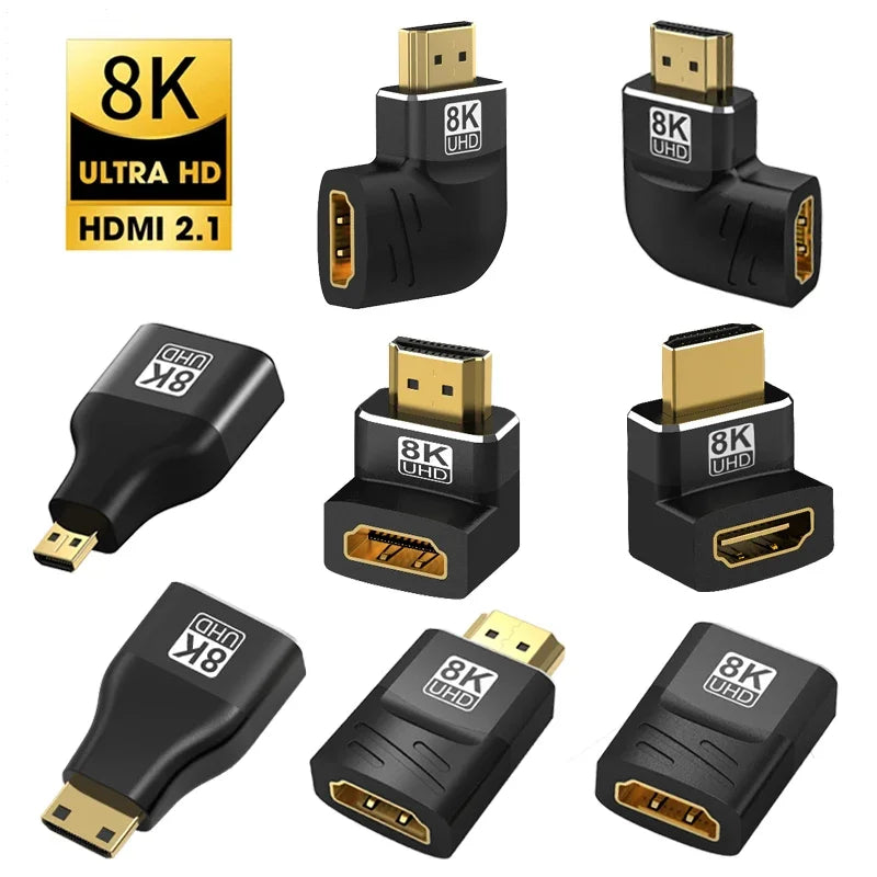 Adaptateur HDMI 2.1 8K coudé, gros plan sur les connecteurs