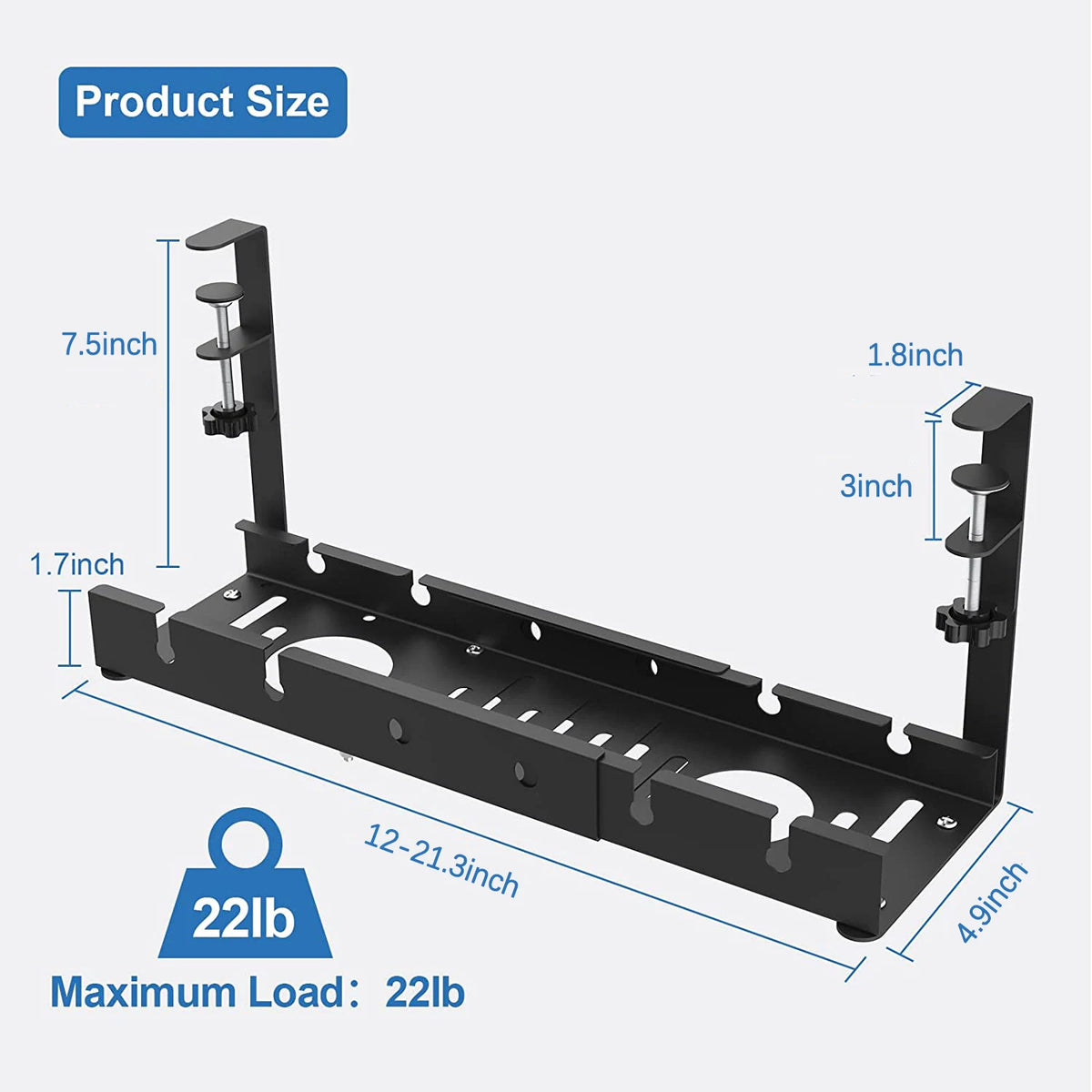 Support de câbles métal sous bureau, extensible sans perçage, vue d'ensemble