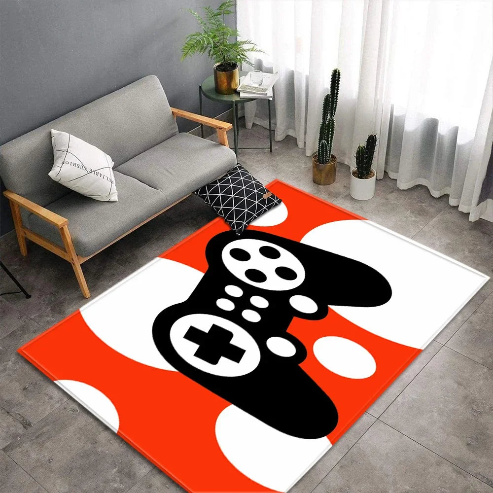 Tapis gaming manettes installé sous un bureau setup complet