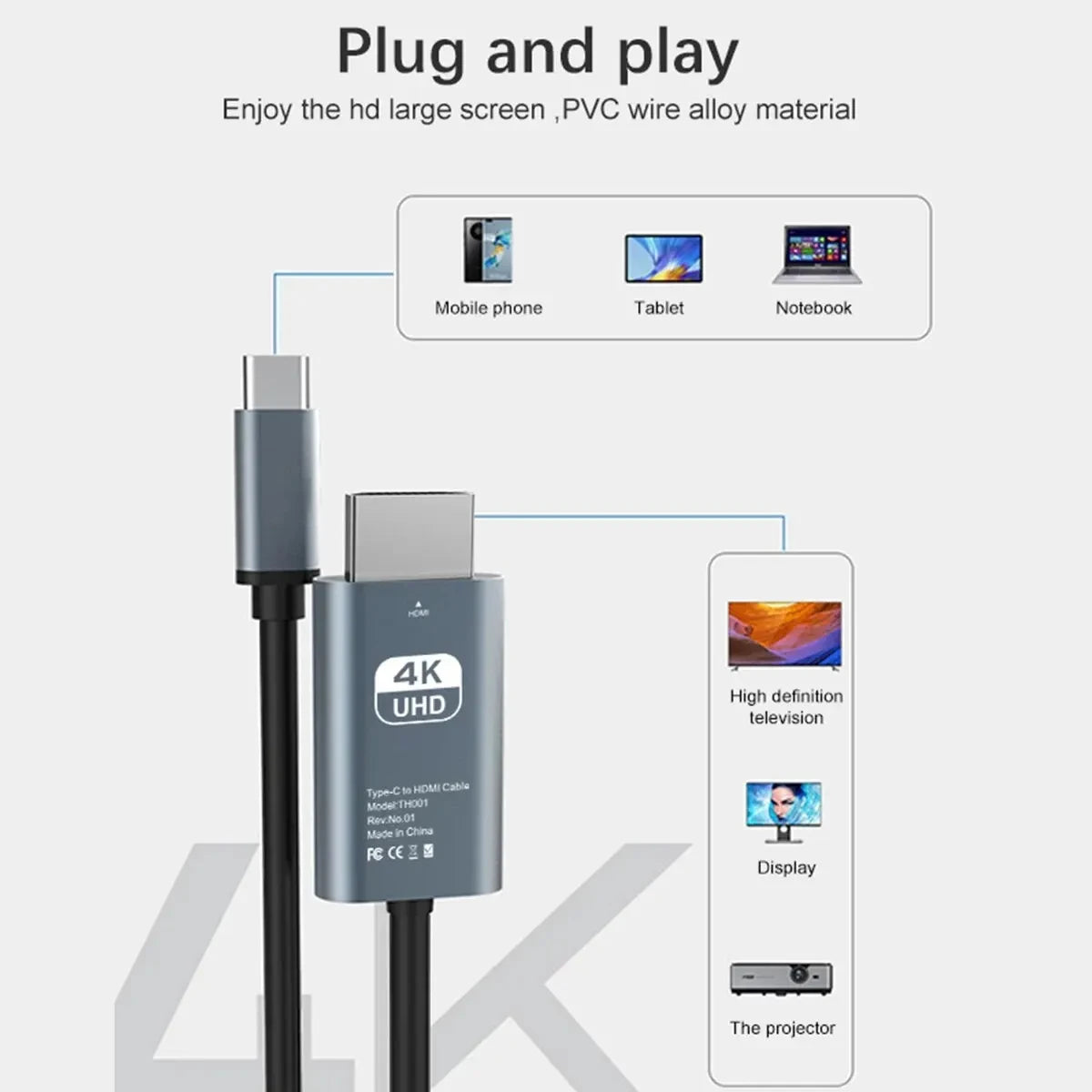 Câble USB-C vers HDMI 4K, gaine tressée