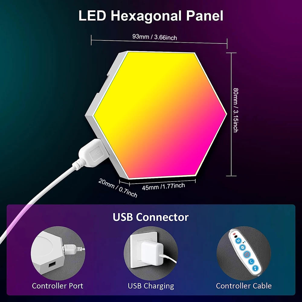 Panneau LED hexagonal RGB, vue individuelle avec câble USB