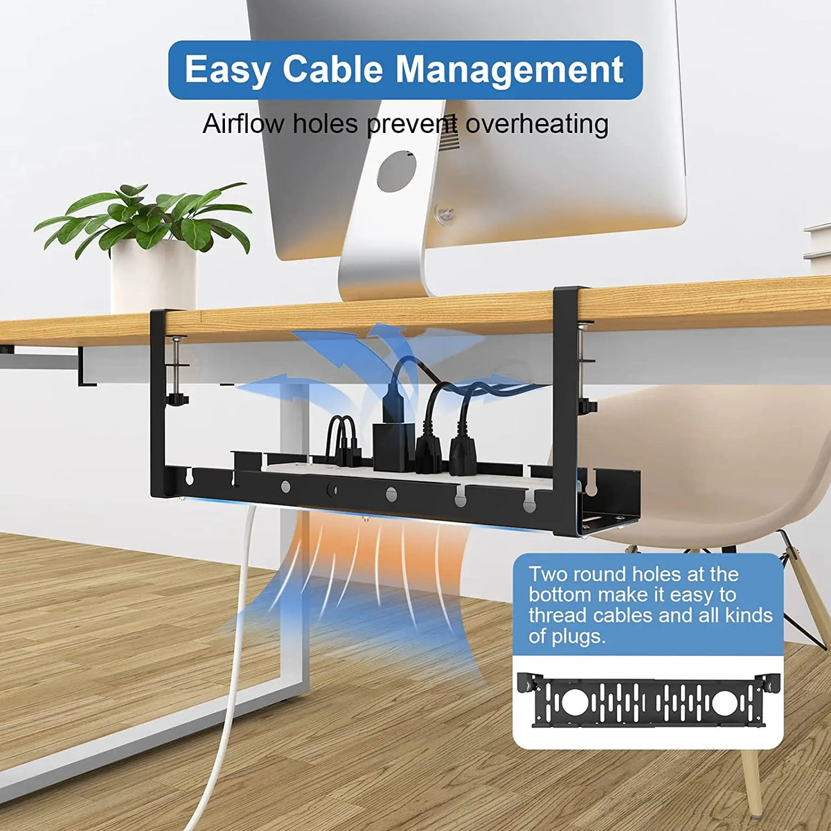 Support de câbles métal sous bureau, extensible sans perçage, présentation du produit