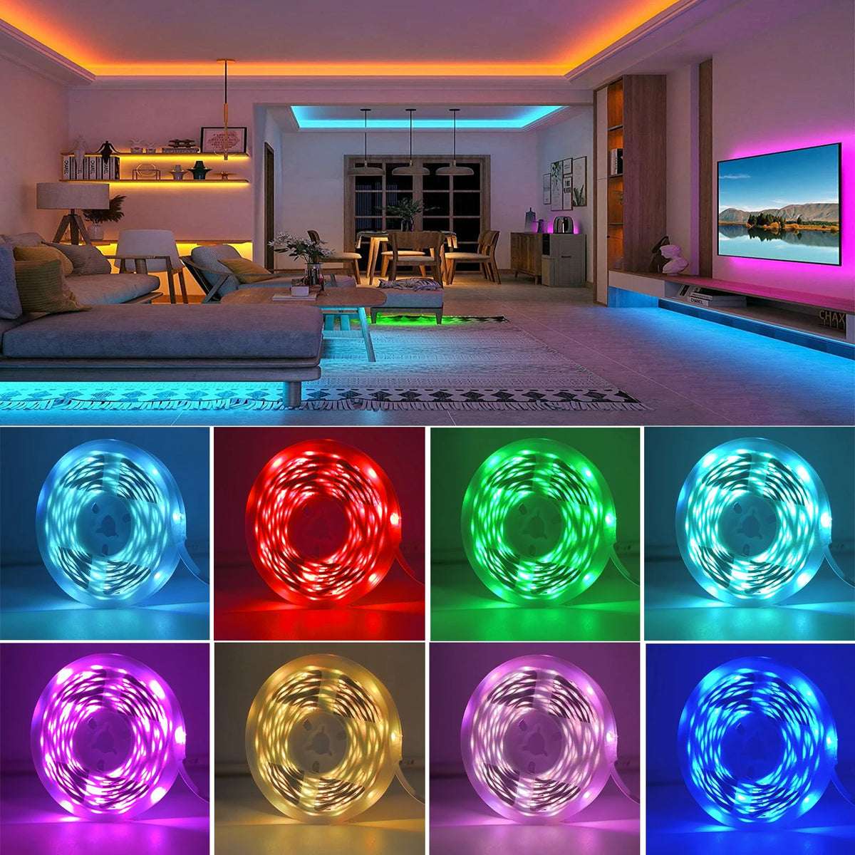 Ruban LED RGB connecté, contrôle par application, visuel complémentaire