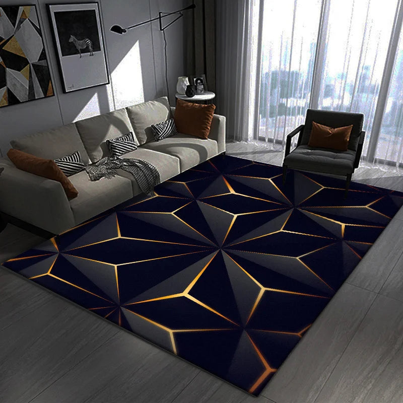 Tapis gaming motif géométrique installé au sol d'une chambre