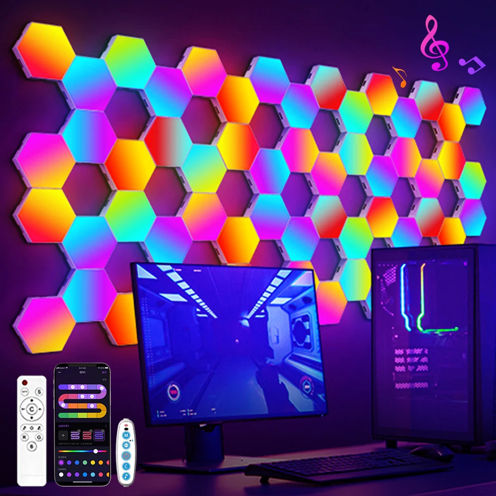 Panneaux LED hexagonaux RGB installés en mur lumineux gaming