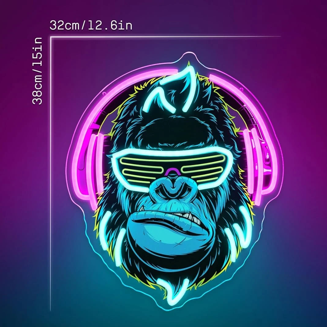 Néon LED gorille gamer, vue rapprochée