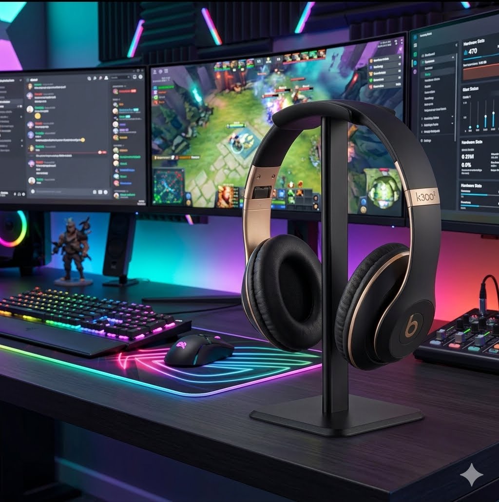 Support casque aluminium noir sur setup gaming multi-écrans avec éclairage RGB