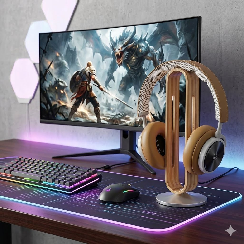 Support casque bambou et aluminium sur bureau gaming avec éclairage RGB